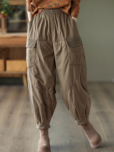 Pantalon harem élastique à la taille élastique de couleur unie à articulation à la joint close vintage