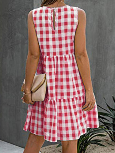 Plaid creux sans manches lâches Mini robes à col rond plissées