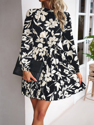 Manches longues à taille haute imprimé fleur plissée