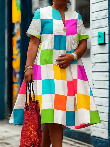 A-line Loose Contraste Color Plaid Plandeed Deep V Dress Dress Dress Dress Dress Dress Dress
