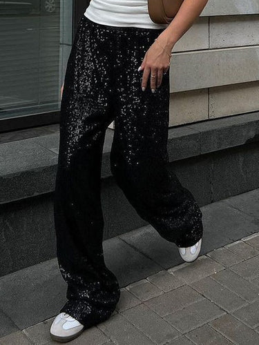 Lose gerade Beinelastizität Paillierte glänzende Split-Gelenkhosenhose