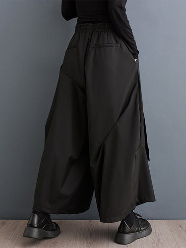 Élasticité large de la jambe à taille large pantalon pantalon à joint de joint de couleur unie plissée