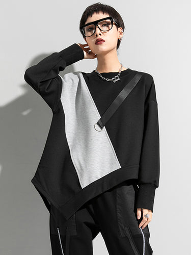 スタイリッシュな黒と灰色の非対称コントラスト色長袖ラウンドネックTシャツ