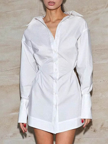 ハイウエストの長袖ボタンプリーツソリッドカラーラペルミニドレスシャツドレス