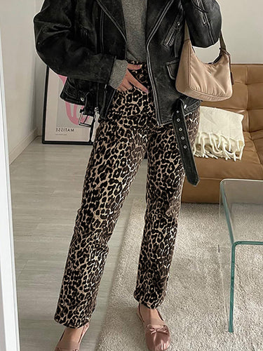 Pantalon de pantalons de poches léopard à taille haute