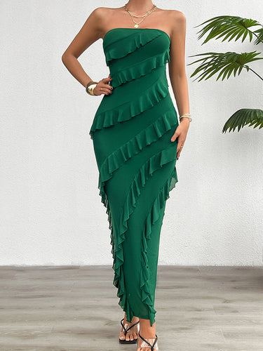 Bodycon عالي الخصر تقليم الكشكش الصلبة تقسيم الخلفية تقسيم أنبوب مفصل الفساتين maxi