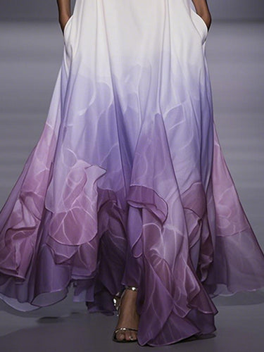 A-Line Lose Blumendruckgedruckte Gradient Split-Joint V-Ausschnitt Maxi-Kleider