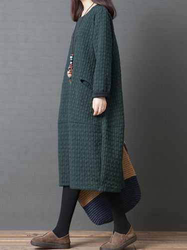 Joint fendu de couleur unie en lâche avec manches longues à col rond de poche robe midi