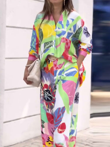 Couleur de contraste Couleur imprimée à manches longues Boulanges boutonnées Top + pantalon à taille haute