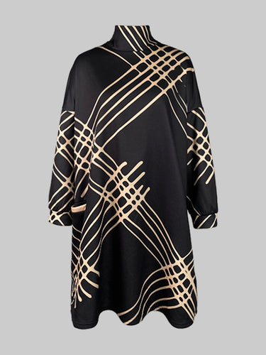 A-Line Long Sleevesポケットは、ハイネックミニドレスを印刷しました