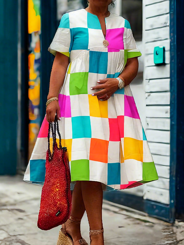 A-line Loose Contraste Color Plaid Plandeed Deep V Dress Dress Dress Dress Dress Dress Dress