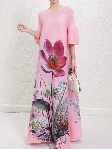 Manches évasées en ligne A-ligne Robes maxi à col en V plissées en V Fleur