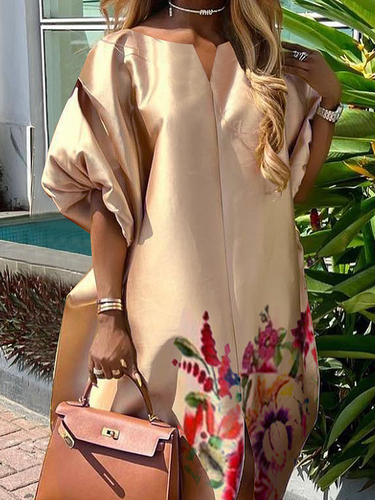 A-line نصف الأكمام مرونة زهرة الطباعة تقسيم الفساتين v-neck maxi