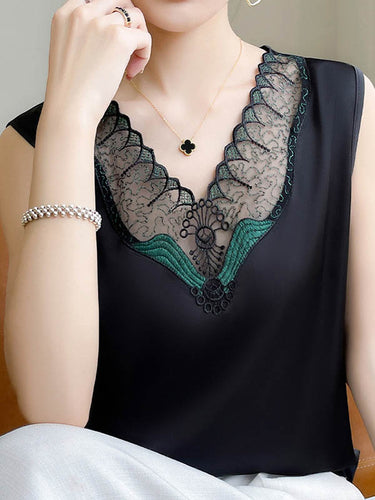 ゆるいノースリーブ刺繍メッシュスプリットジョイントVネックベストトップ