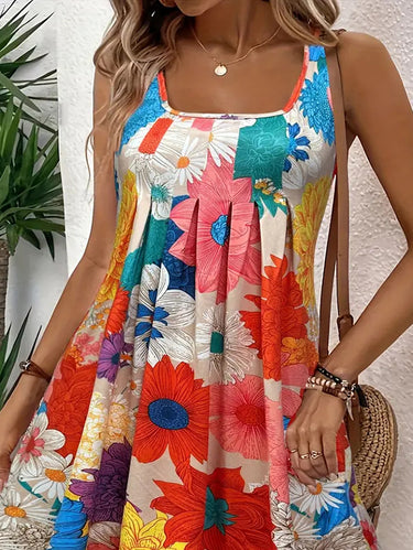 A-line High Waisted Flower Print Pleated Rould-Great Mini Vesteds