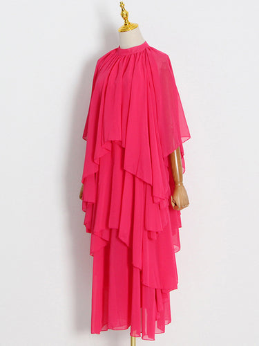 Loose Raglan Sleeve Solid Color Tiered Stand Collar Maxi Dresses