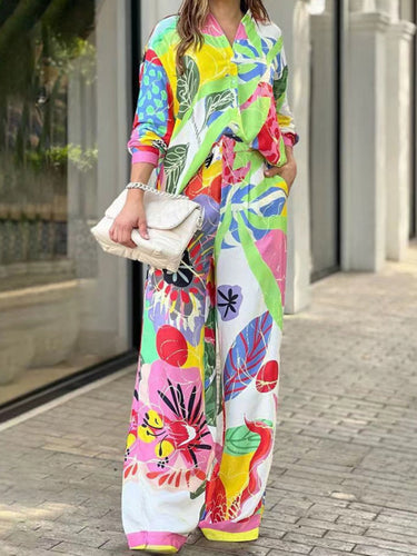 Couleur de contraste Couleur imprimée à manches longues Boulanges boutonnées Top + pantalon à taille haute