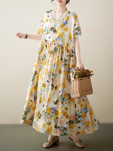 A-line lose florale gedruckte runde Midi-Kleider