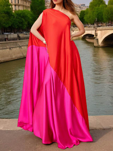 Hohe taillierte lose asymmetrische Kontrastfarbe Split-Gelenk One-Shoulder Maxi-Kleider