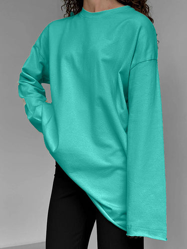 長袖ソリッドカラーの丸いネックTシャツのトップス