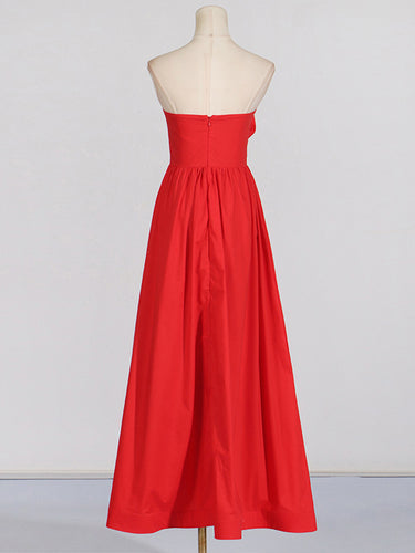High Waisted Loose Pleated Solid Color Split-Joint Three-Dimensional Flower Zipper Tube Maxi Dresses