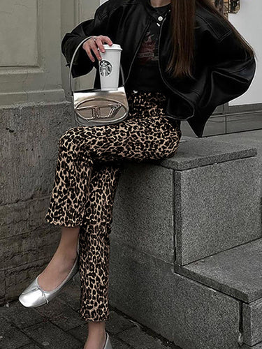Pantalon de pantalons de poches léopard à taille haute