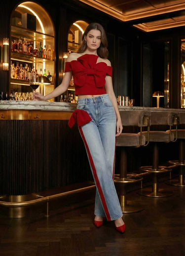 Wide Leg Bow-Embellished Contrast Color Jean Pants Bottoms