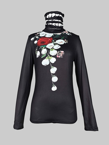 Maniche lunghe Skinny Flower Stampa a collo diviso a collo alto Time