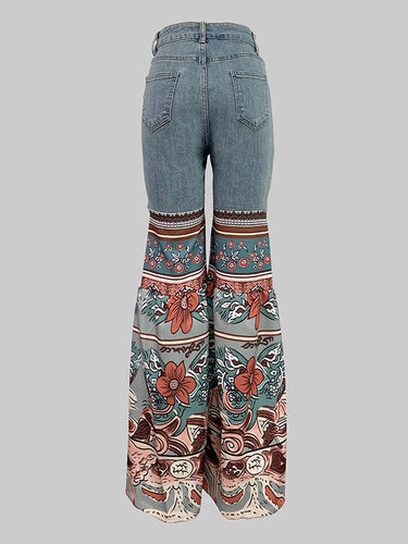 Pantalons évasés Papes à taille haute imprimée Floral Pantalons en jean Bottoms
