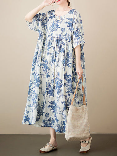 أكمام قصيرة فضفاضة الأزهار مطبوعة مطوية مقسمة مفصل الدائري ثياب ميدي