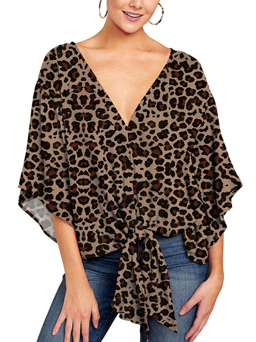 Batwing mangas media mangas tejidos tejidos de leopardo con cuello en v camisetas blusas