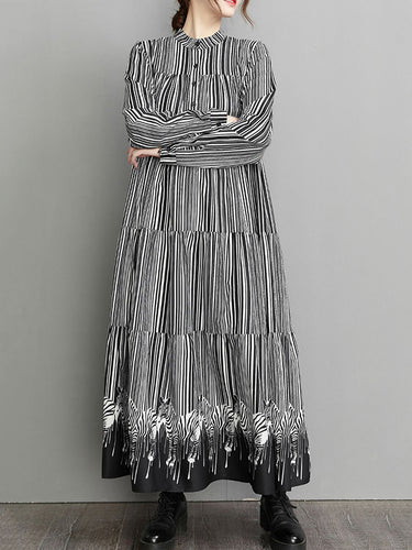 ビンテージルーズストライプボタンスタンドカラー長袖ミディドレス