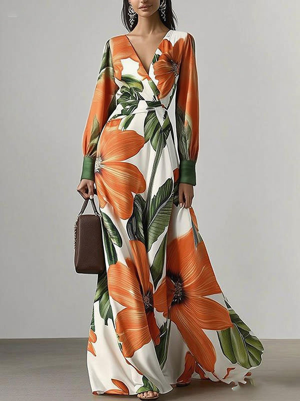 Uoozee-official Long Sleeves Loose Flower Print Pleated V-Neck Maxi Dresses ORANGE / S