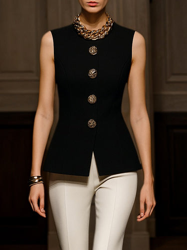 Sleeveless Buttoned Solid Color Round-Neck Vest Top