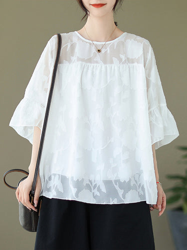 ゆるい半袖ファルバラプリーツシースルースプリットジョイントラウンドネックTシャツ