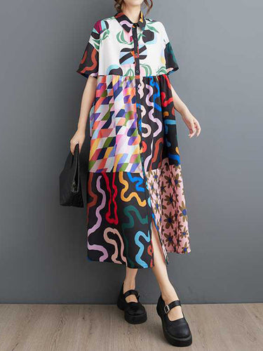 A-Line Lourded Butted Printed Speld-Coint-Coint Lapel Midi Dresses Dress Dress