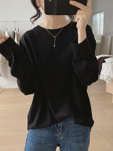 長袖ソリッドカラーの丸いネックTシャツのトップス