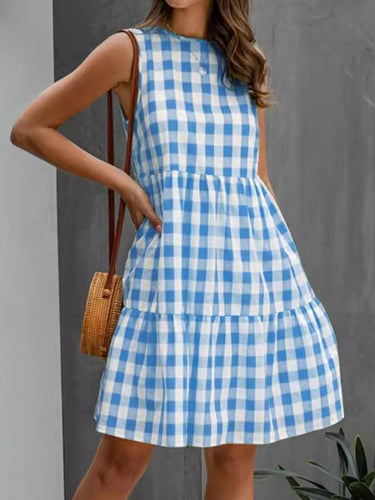 Plaid creux sans manches lâches Mini robes à col rond plissées