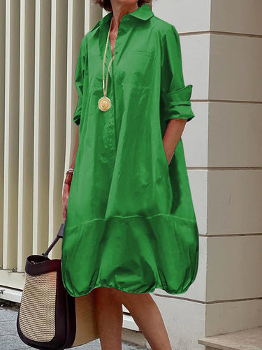 Maniche lunghe sciolte di colore a scarpone con rivestimento midi abiti da camicia da camicia