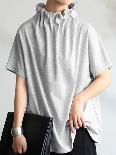 ゆるい半袖ソリッドカラースタンドカラーTシャツのトップ