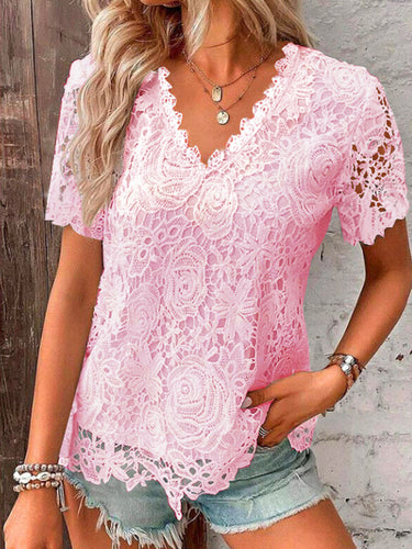 ゆるいプラスサイズ刺繍中空の固体色スプリットジョイントVネックTシャツのトップス