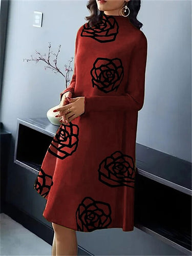 A-Line Long Sleevesフラワープリントモックネックミディドレス