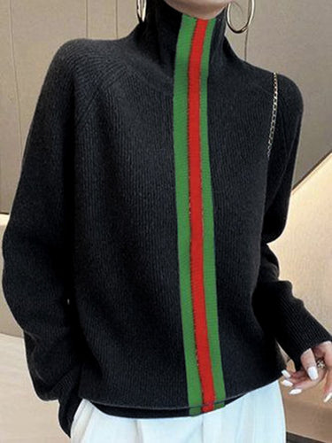 長袖ルーズスプリットジョイントストライプハイネックセータートップス
