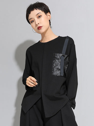 ファッションルーズロングスリーブスプリットフロントラウンドネックTシャツのトップス