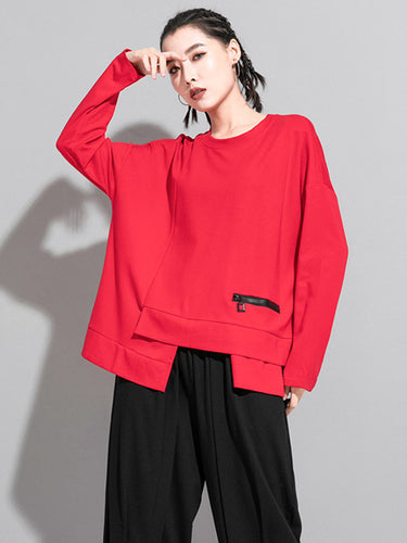 ソリッドカラー非対称スプリットジョイントジッパールーズTシャツ