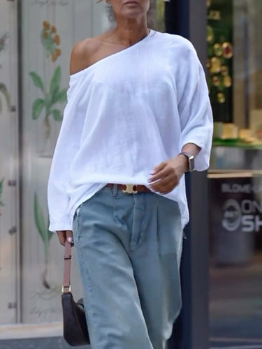長袖ソリッドカラーのワンショルダーTシャツのトップス