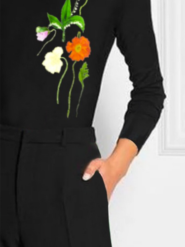 Maniche lunghe Skinny Flower Stampa stampato con giuntura a collo alto Time