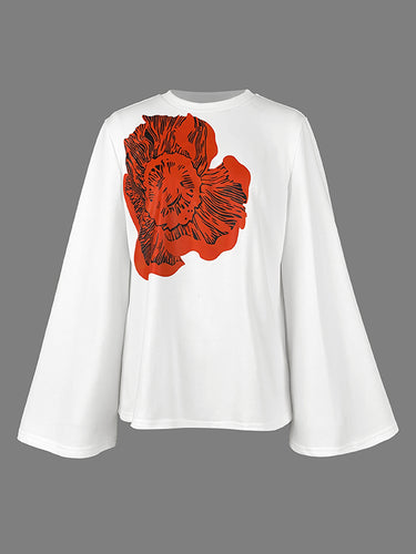 フレアスリーブ長袖フラワープリントラウンドネックTシャツのトップ