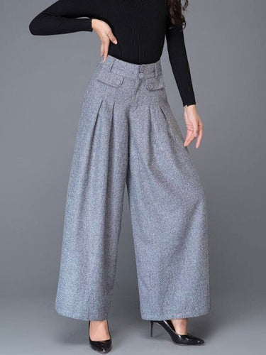 Lose breitbeinte Knopf ohne Gürtel Falten-Taschen Feste Farben Split-Gelenkhosenhosen Hose