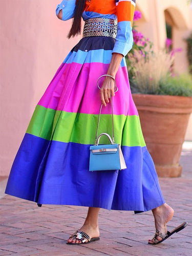 Manches lâches à trois quarts Coumure boutonnée Couleur de revers à rayures Robes midi